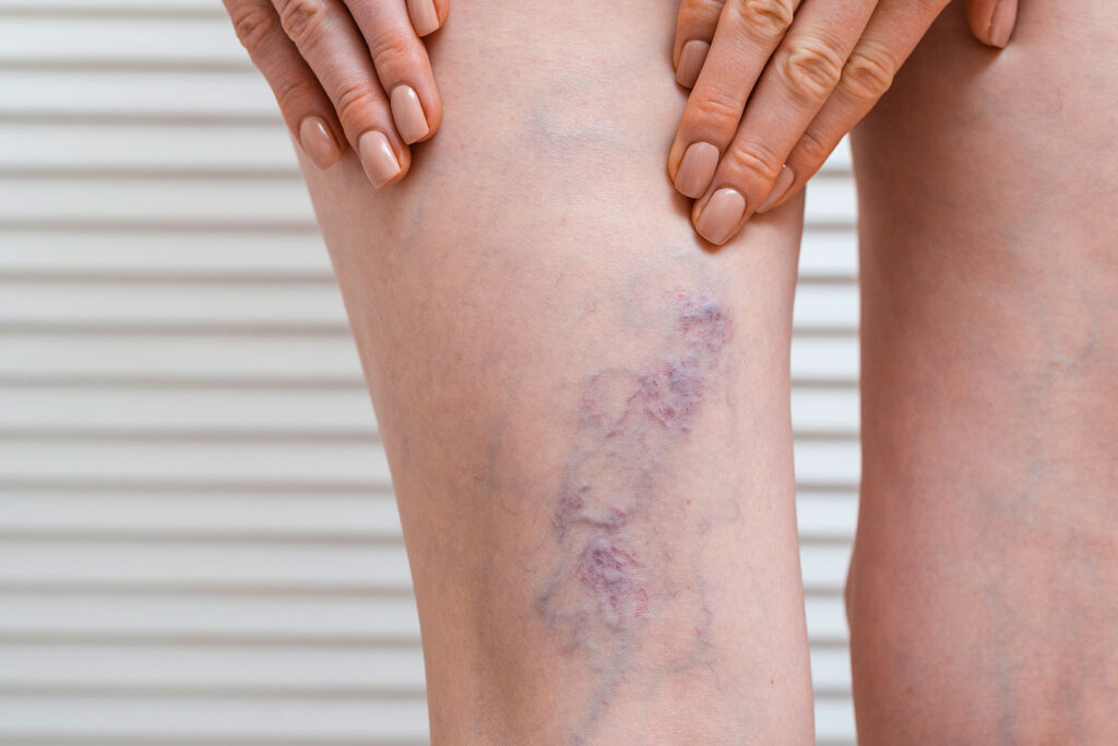 Woman touching visible varicose veins on back of leg