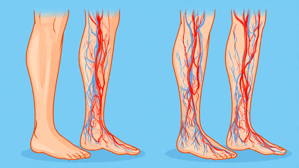 Illustration comparing healthy and varicose leg veins