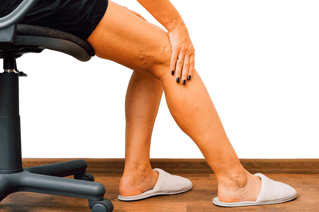 Woman sitting in an office chair while examining her leg, checking for vascular patterns related to Livedo Reticularis