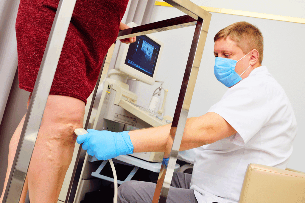 Medical specialist performing a vascular ultrasound examination on a patient's leg to evaluate conditions like Livedo Reticularis