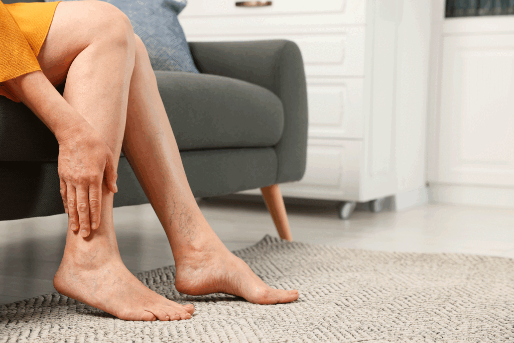 Person sitting on a couch examining their lower legs for mottled, veiny skin patterns and vascular changes.
