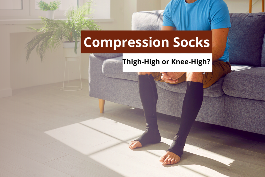 Man sitting on a couch wearing black zipper Compression Socks to improve circulation