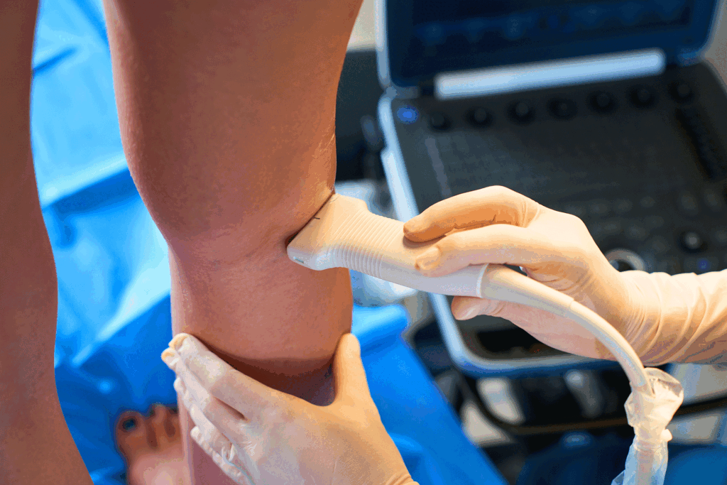 Close-up of a seated woman's legs showing spider veins and early signs of superficial venous insufficiency.