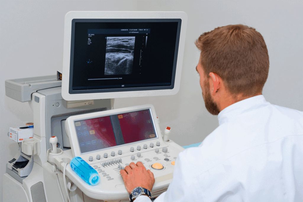 Practitioner performing a vascular ultrasound examination on a patient's lower extremities to plan sclerotherapy