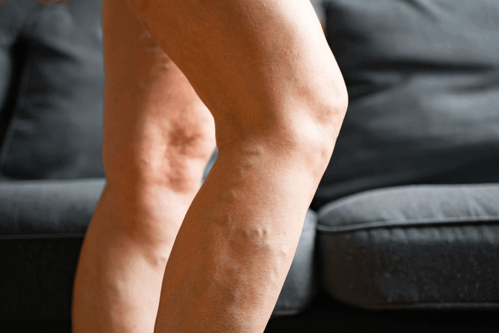 Close-up view of legs showing visible varicose veins and spider veins eligible for sclerotherapy treatment.