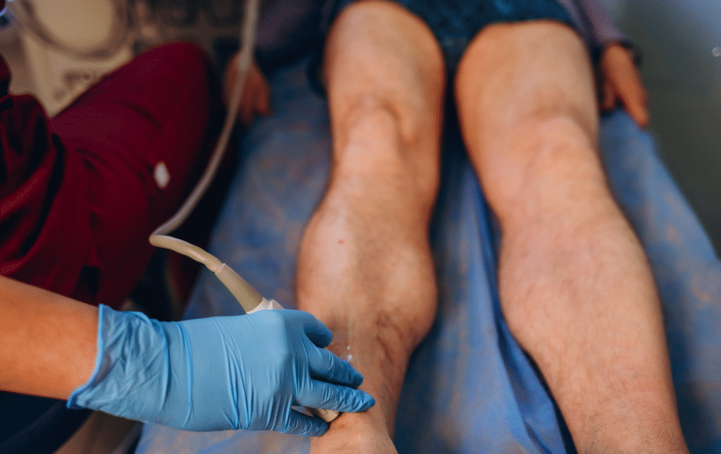 Medical examination of a patient's leg veins, helping explain the common science question: is blood blue?