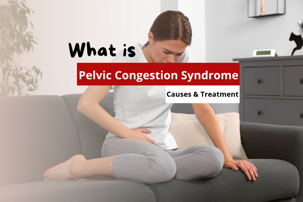 Woman sitting on a sofa in discomfort holding her lower abdomen, illustrating severe chronic pain from pelvic congestion syndrome.