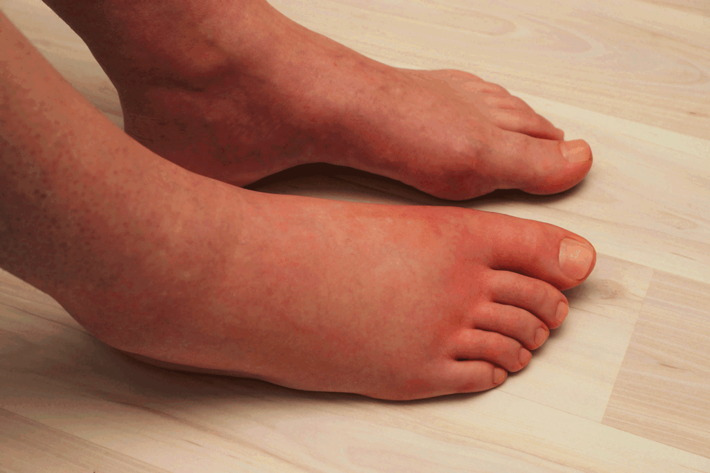 Close-up view of a person's reddish and inflamed skin showing noticeable swelling in feet