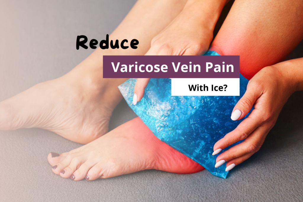 Person holding a blue cold pack over a red, inflamed foot and lower leg to illustrate how ice reduce varicose vein pain.