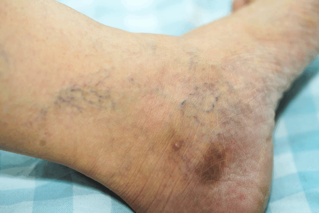 Close-up view of a patient's ankle and foot showing visible spider veins and skin discoloration caused by chronic varicose eczema.