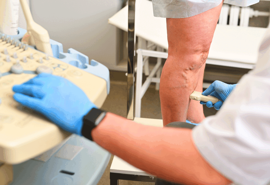 Healthcare provider using an ultrasound machine and handheld probe to evaluate blood flow and diagnose varicose eczema in a patient's leg