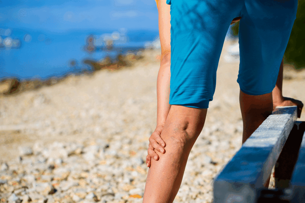Person outdoors near the coast stretching their leg, which features visible varicose veins and aching leg, to improve circulation.