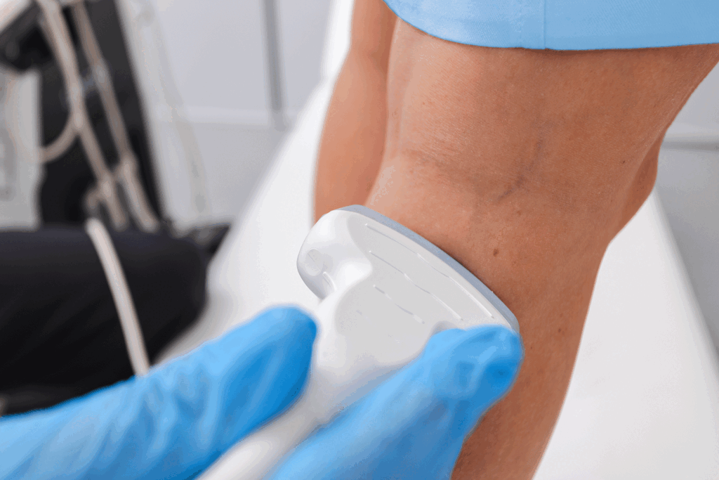 Medical professional performing an ultrasound scan on a patient's leg using a handheld probe to diagnose varicose veins.