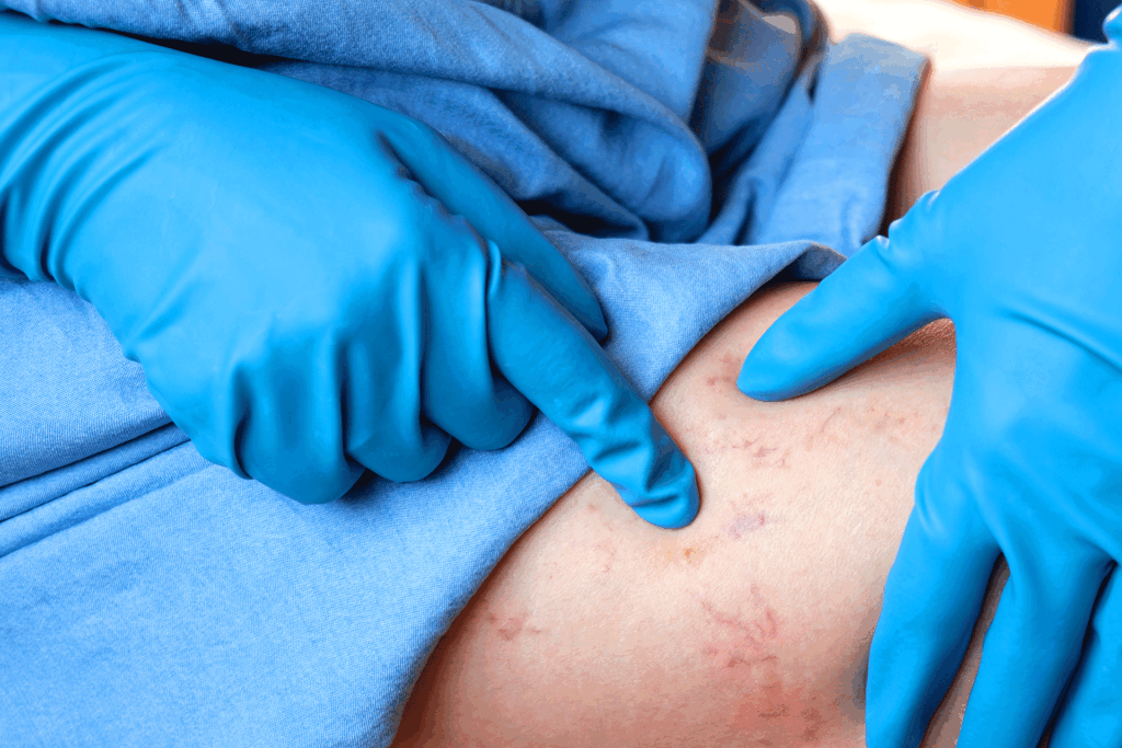 Medical professional examining a patient's skin for signs of a ruptured vessel in leg.